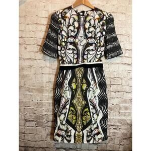 Peter Pilotto Dress Womens 10 Sheath Black Medallion Print Half Sleeve Belted